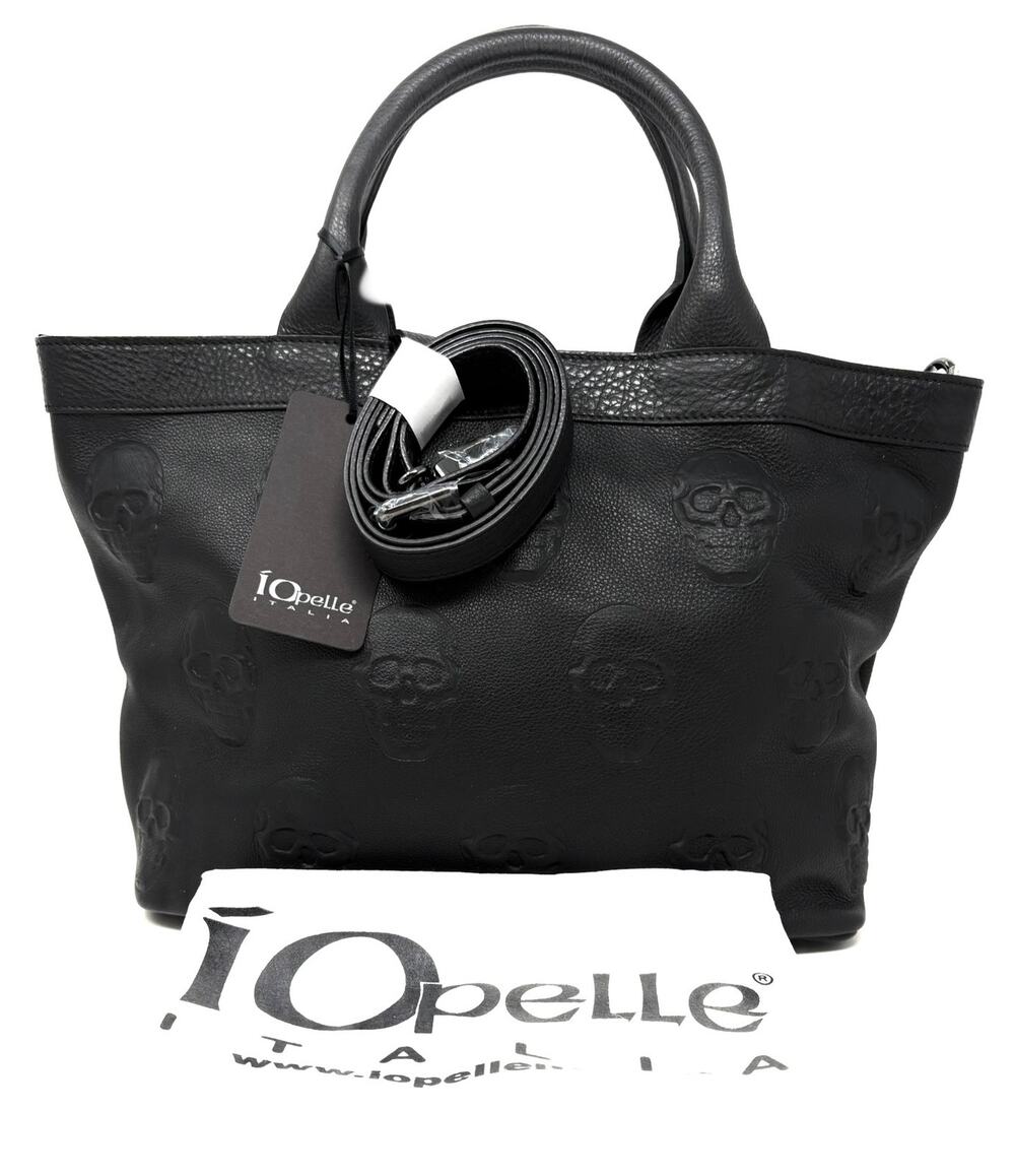 IO PELLE Skull Embossed Blck Leather Handbag Tote Bag Purse Crossbody *Smaller”